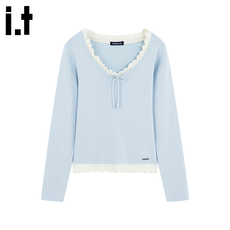i.t GROUNDZERO秋冬V领百搭长袖毛衣慵懒风浅蓝色针织衫上衣女