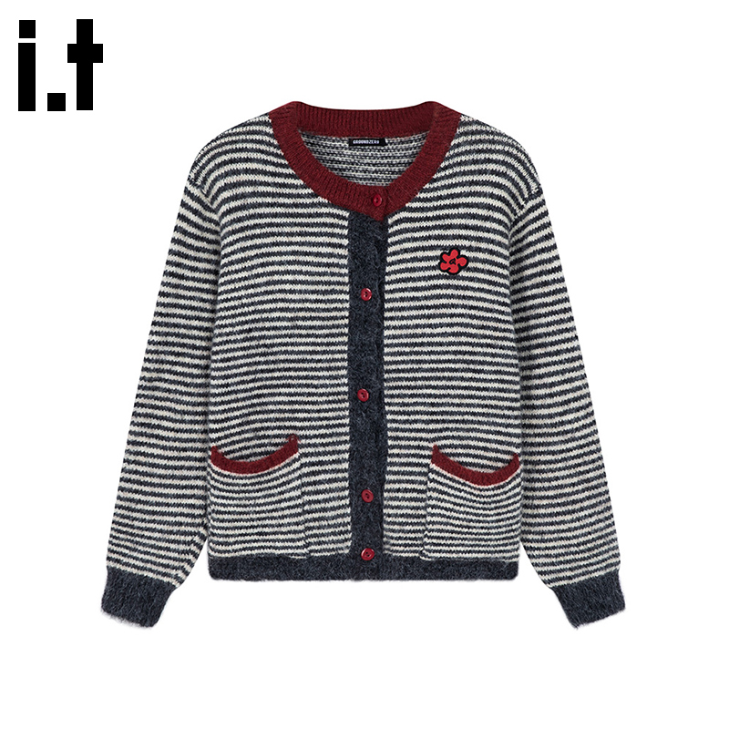 i.t GROUNDZERO2025秋冬深灰色时尚条纹开衫毛衣外套针织衫女