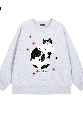i.t GROUNDZERO国朝2025秋款浅灰色小肥猫棉印花卫衣长袖上衣