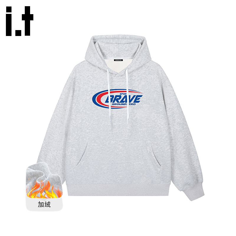 itGROUNDZERO2025秋冬加绒宽松字母休闲情侣款连帽长袖卫衣上衣