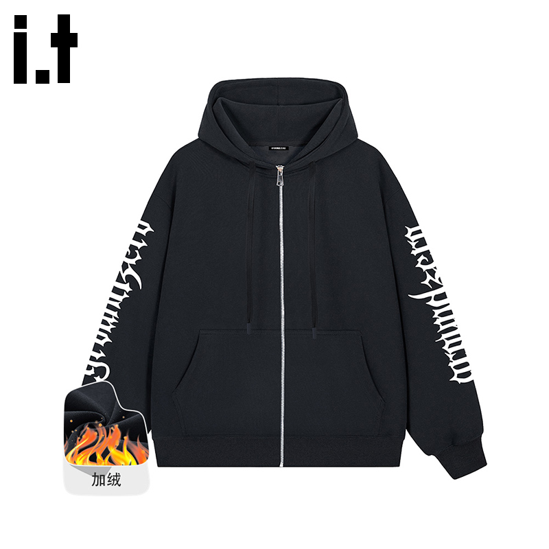 itGROUNDZERO2025秋冬加绒情侣款休闲LOGO黑色连帽长袖卫衣上衣