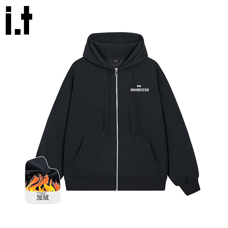 itGROUNDZERO2025秋冬加绒LOGO拉链黑色男女同款连帽长袖卫衣上衣