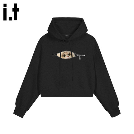 i.t GROUNDZERO国潮牌2025秋款猫咪连帽短款卫衣长袖上衣女