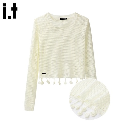 i.tGROUNDZERO2025新款镂空针织衫女夏季撞色微透长袖外搭上衣
