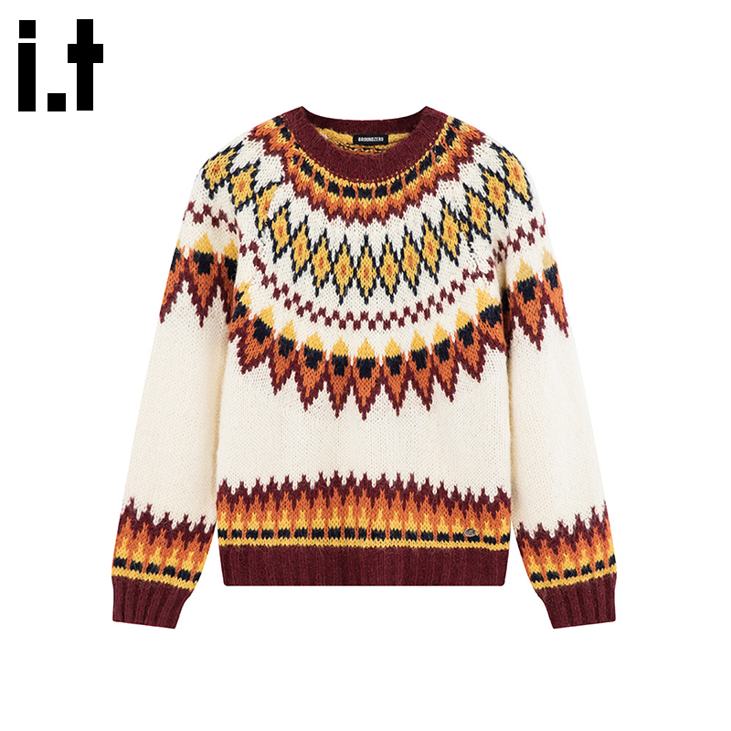 i.t GROUNDZERO2025秋冬撞色拼接白色条纹长袖毛衣外套针织衫女