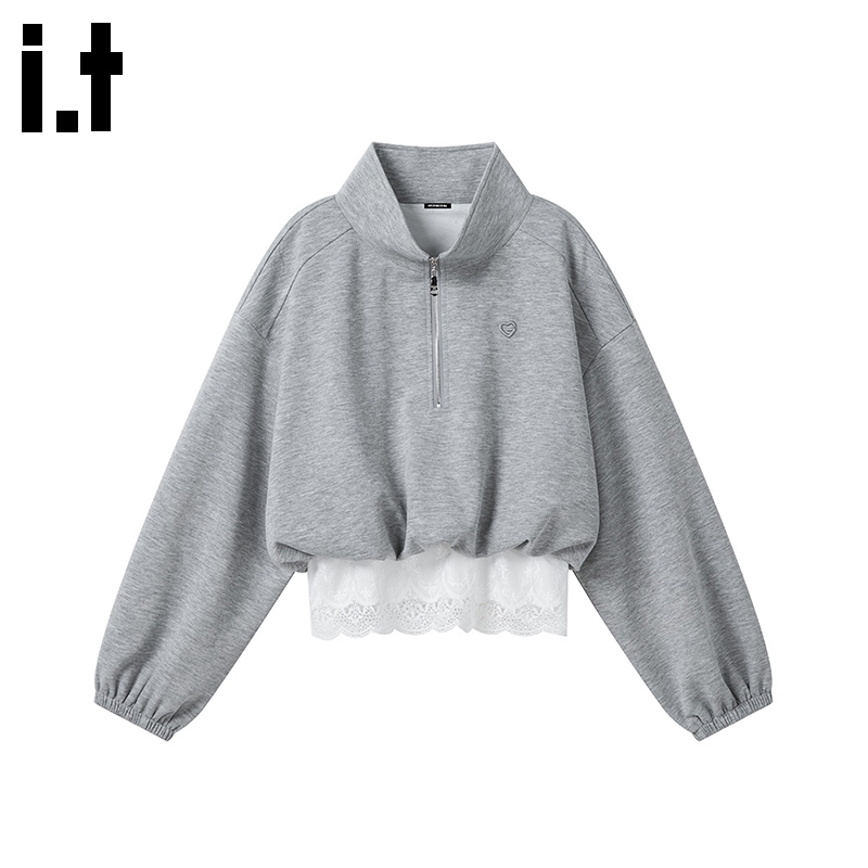 i.t GROUNDZERO国朝2025秋款灰色蕾丝高领卫衣长袖上衣