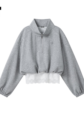 i.t GROUNDZERO国潮牌2025秋款灰色蕾丝高领卫衣长袖上衣