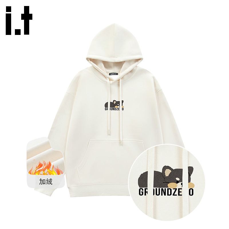 itGROUNDZERO2025秋冬加绒卡通小熊男女同款连帽长袖卫衣上衣