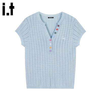 i.t GROUNDZERO韩系GZO时尚V领针织衫纯色短袖女上衣