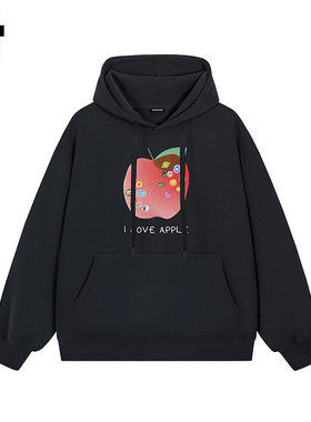 i.t GROUNDZERO韩系2025秋季Logo苹果黑色连帽长袖印花卫衣上衣