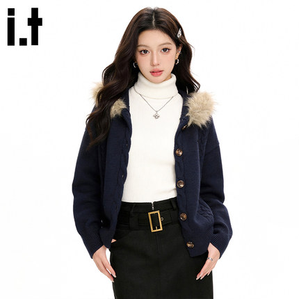 i.tGROUNDZERO秋冬保暖色圆毛领连帽开衫毛衣长袖针织衫女