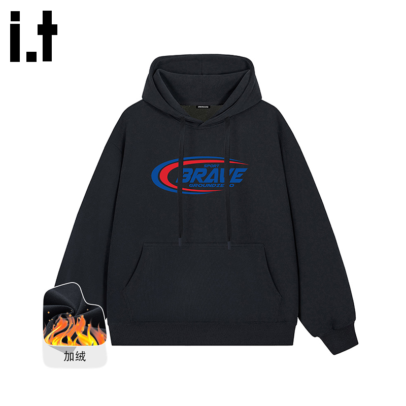 itGROUNDZERO2025秋冬加绒宽松字母休闲男女同款连帽长袖卫衣上衣