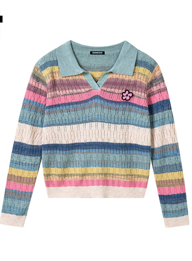 i.t GROUNDZERO韩系时尚V领刺绣毛衣针织衫女长袖蓝色上衣