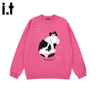 桃红色小肥猫棉印花卫衣长袖 上衣 GROUNDZERO国朝2025秋款 i.t
