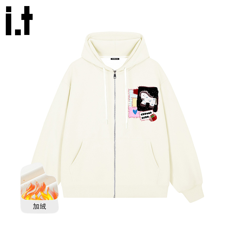 itGROUNDZERO2025秋冬加绒小马男女同款杏色拉链连帽长袖卫衣上衣