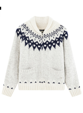 i.t GROUNDZERO韩系2025秋冬翻领菱形白色毛拼色衣外套针织开衫女