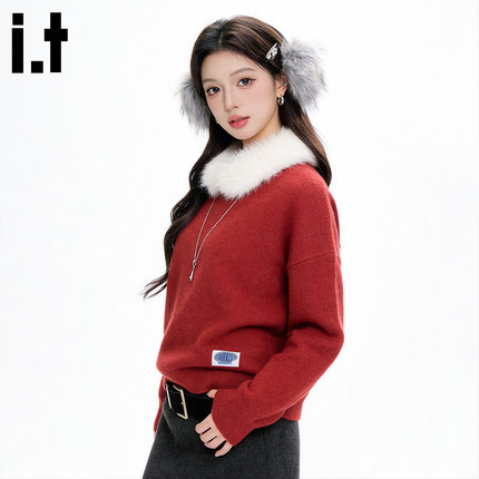 i.tGROUNDZERO秋冬保暖红色圆毛领加长连帽毛衣长袖针织衫女