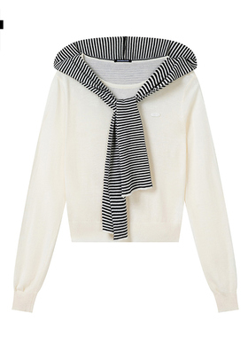i.t GROUNDZERO韩系条纹时尚披肩连帽子白色毛衣针织衫长袖女上衣