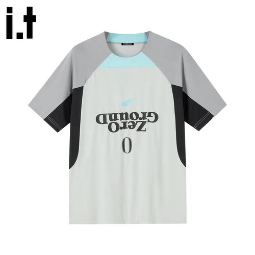 i.tGROUNDZERO圆领情侣款衣服拼色字母印花纯棉宽松短袖T恤衣服