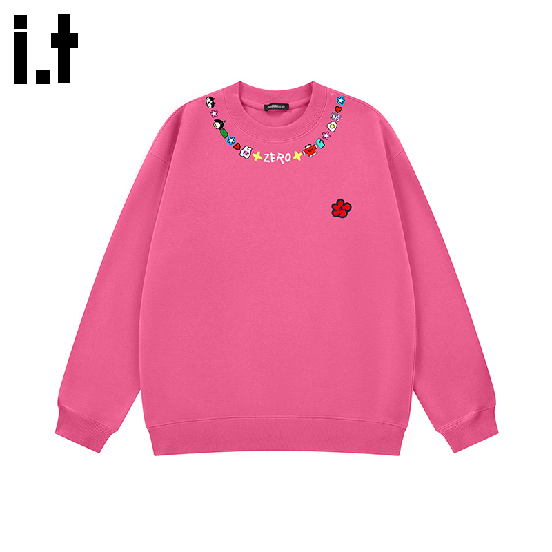 i.t GROUNDZERO韩系2025秋季新款桃红色棉项链印花卫衣长袖上衣