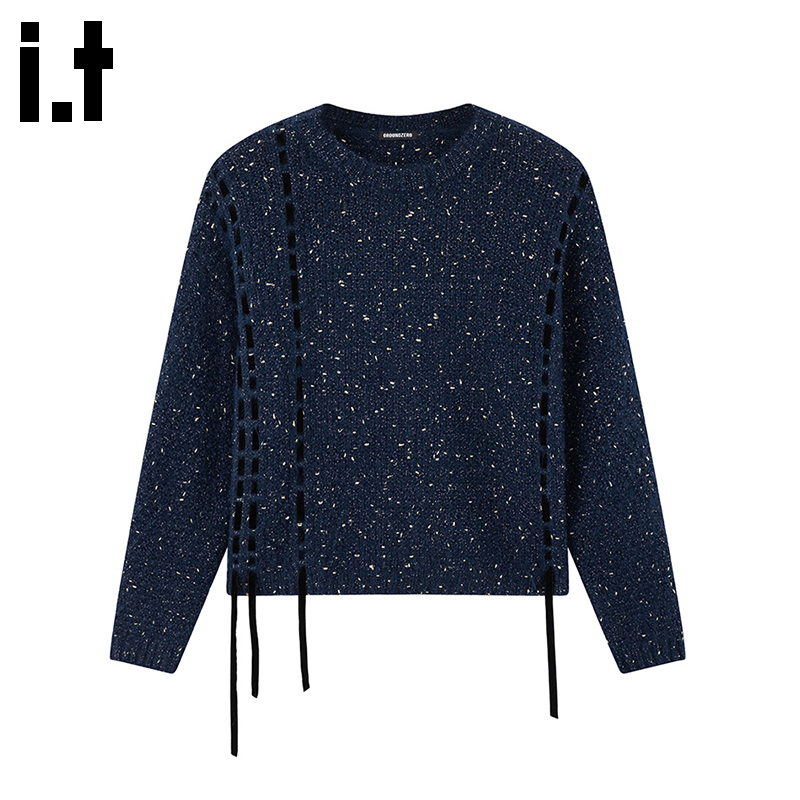 i.t GROUNDZERO韩系2025秋冬蓝色圆领系带开衫长袖毛衣针织开衫女
