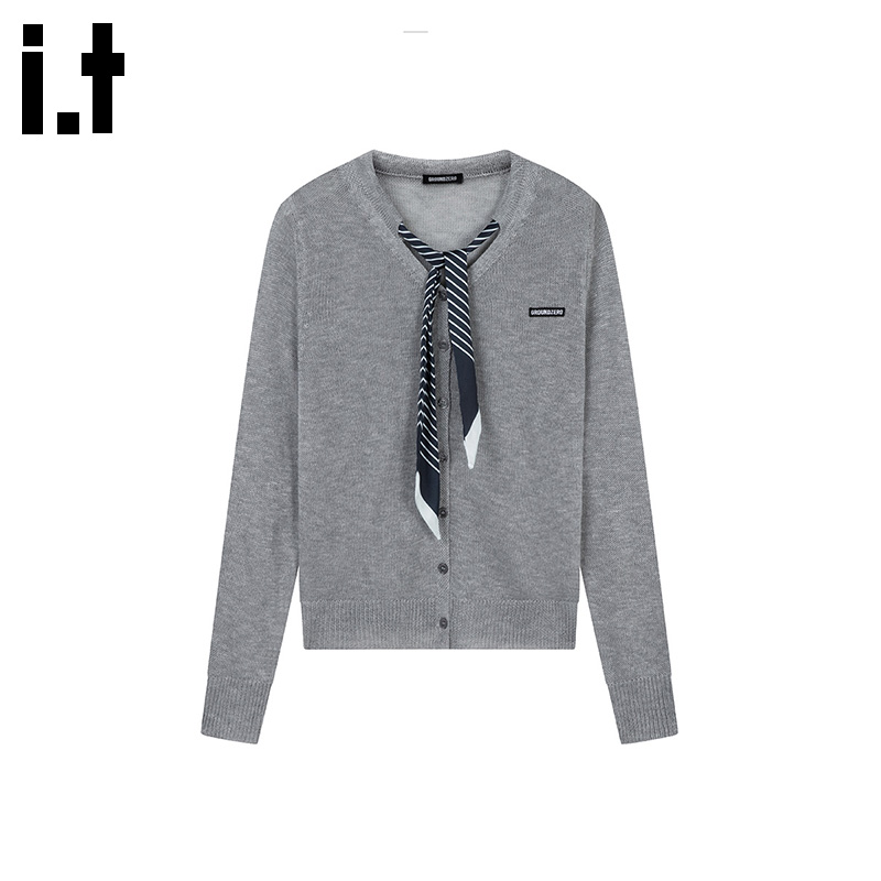 i.t GROUNDZERO韩系个性领结毛衣灰色针织衫女长袖开衫上衣