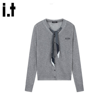 i.t GROUNDZERO韩系个性领结毛衣灰色针织衫女长袖开衫上衣