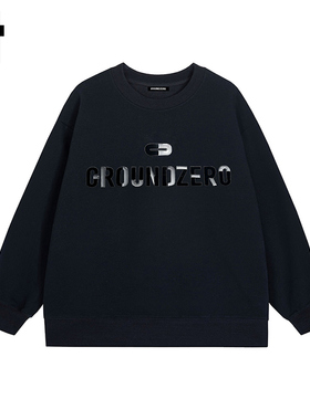 i.t GROUNDZERO韩系2025秋季男女同款黑色圆领立体印花卫衣上衣