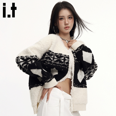 i.t GROUNDZERO韩系2025秋冬翻领菱形开衫毛拼色衣外套针织衫女