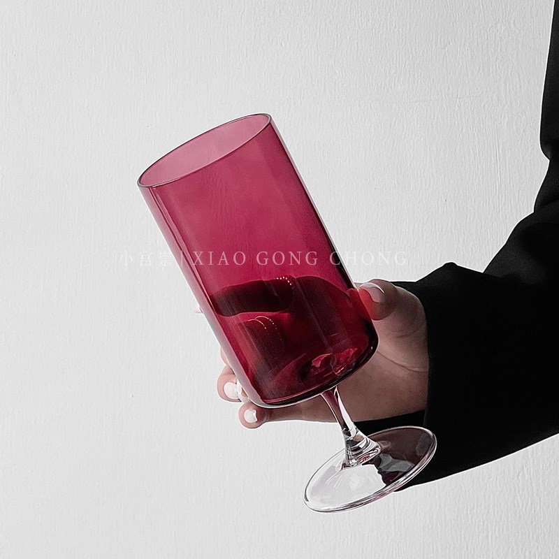 复古玫红色直筒高脚玻璃杯高颜值创意氛围感红酒杯甜酒杯果汁杯子