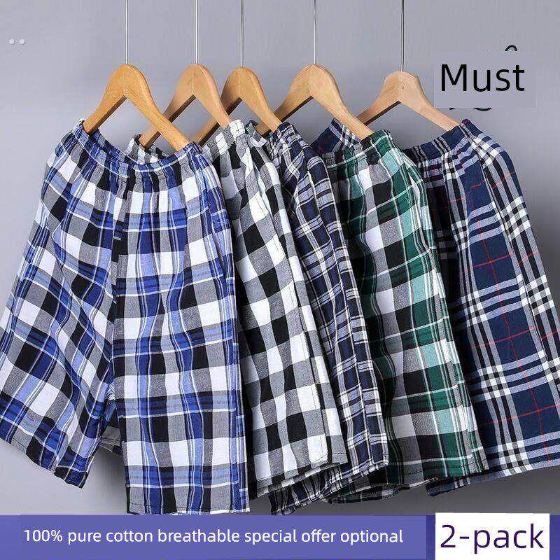 加码男士睡裤夏季短裤纯棉松散编织粗布休闲格纹沙滩裤家五点裤