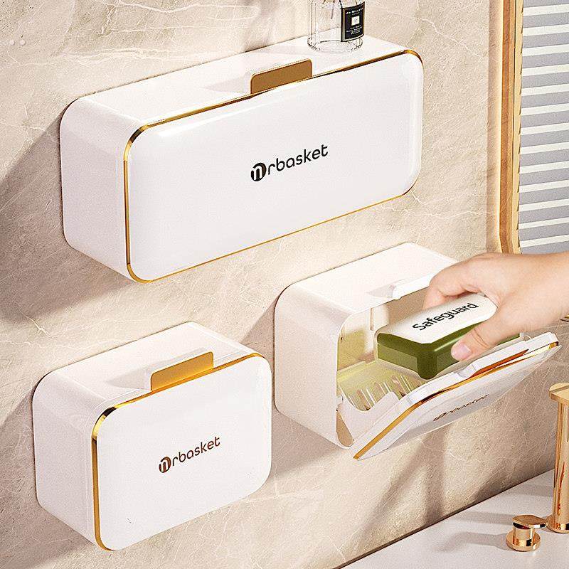 肥皂盒壁挂式免打孔家用沥水带盖子化妆室高档翻盖双格放香皂置物