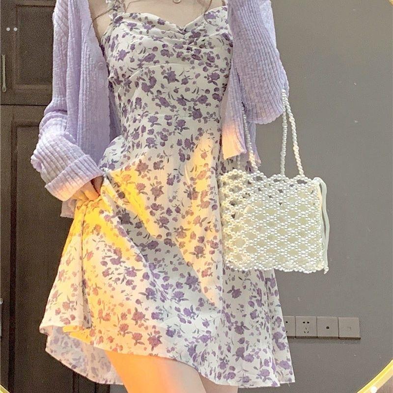 2024新款小个子法式雪纺短裙紫色碎花吊带连衣裙开衫两件套装女夏