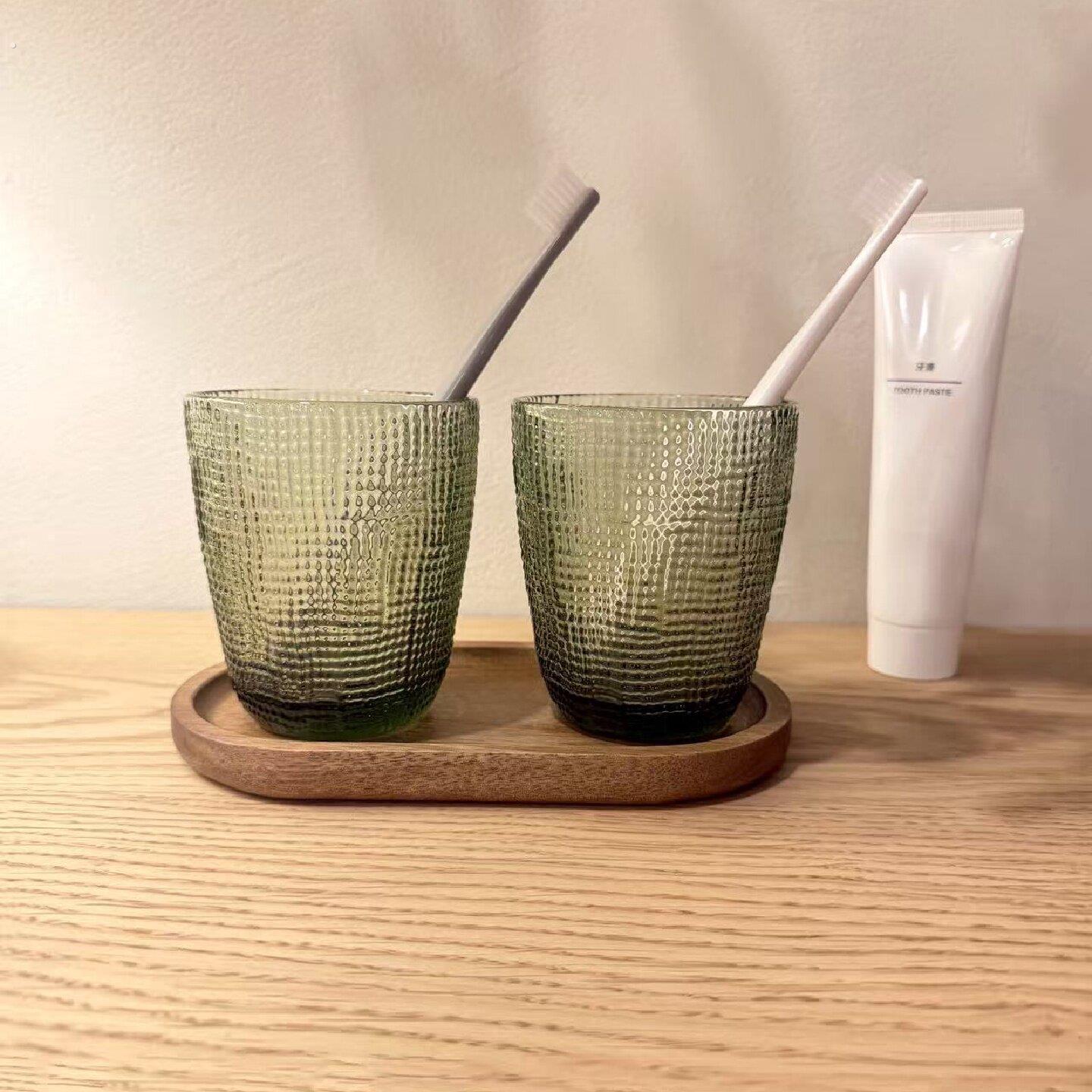 浮雕玻璃漱口杯家用牙刷杯酒店刷牙杯情侣牙杯透明水杯洗漱杯套装