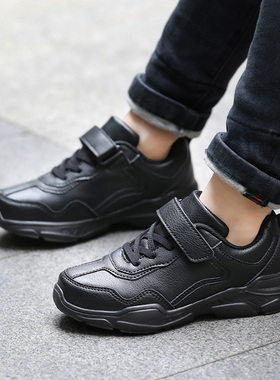 皮面儿童鞋子全黑色10小学生板鞋男童D白色运动鞋38码女孩球鞋12