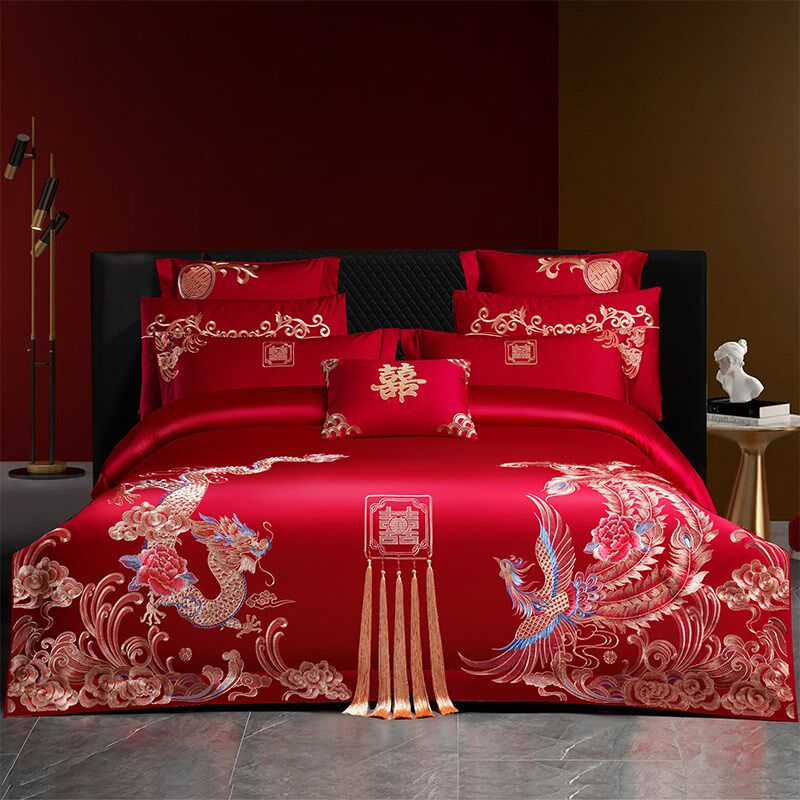 180支长d绒棉婚庆四件套大红龙凤刺绣全棉结婚床上用品新婚房喜被,床上用品,婚庆床品套件,淘宝优惠券,粉丝福利购,淘宝优惠卷