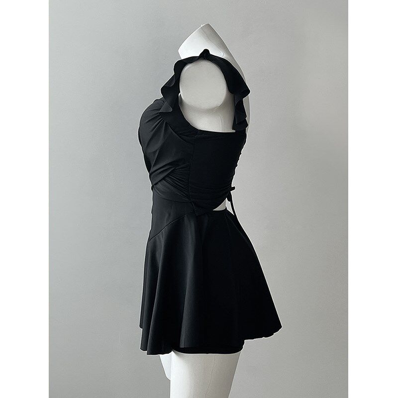 黑色连体泳衣女高级感p显瘦遮肚钢托聚拢泡温泉保守分体裙式游泳