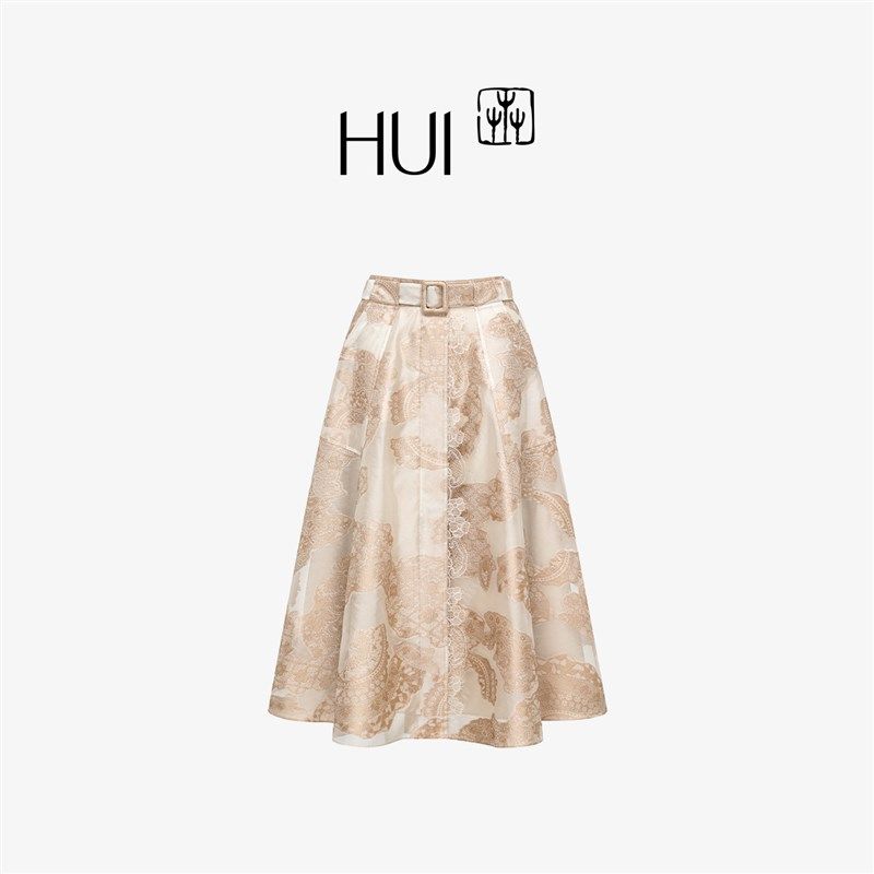 HUI卉非遗蜡染提花苗韵蓝色的花丝C涤蕾丝本布腰封半裙2025夏季新