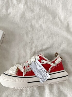 喜叔红色小众设计感厚底板鞋女20B25新款春秋百搭大头鞋帆布小白