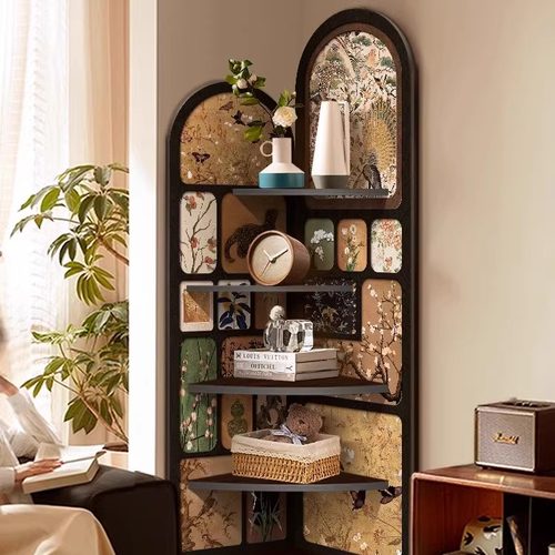 中古风墙角转角柜落地摆件客厅电视柜边转角置物架多层柜一体靠墙