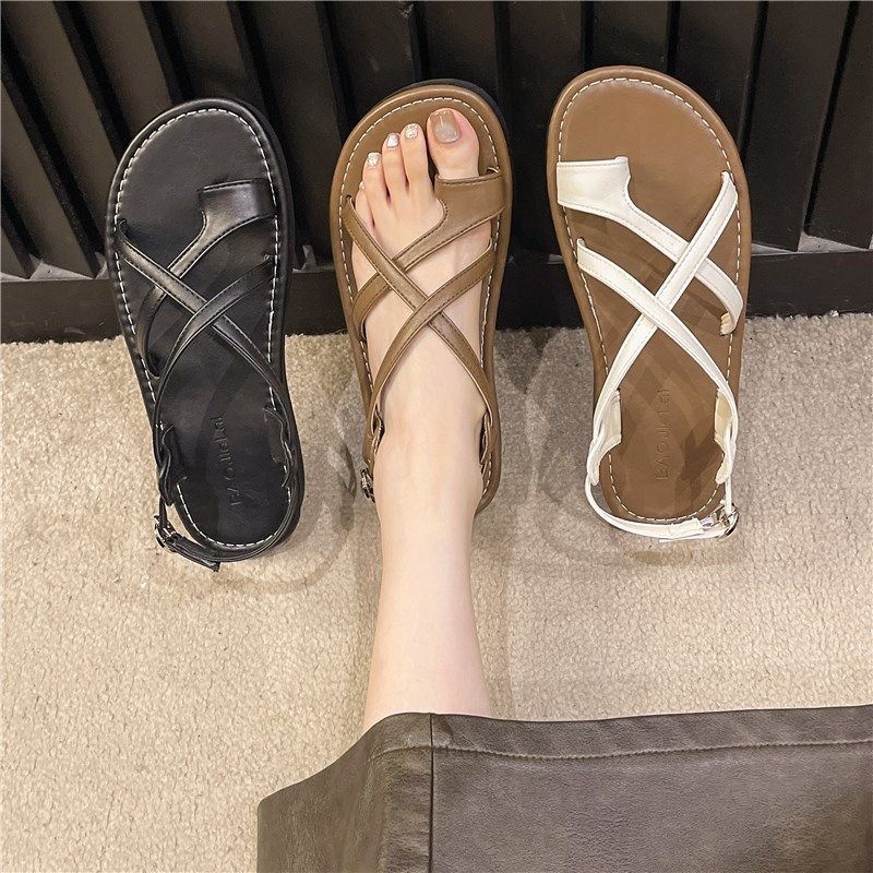 凉鞋女外穿平底软底套趾2024夏季E新款交叉带休闲度假法式沙滩凉,女鞋,罗马凉鞋,淘宝优惠券,粉丝福利购,淘宝优惠卷