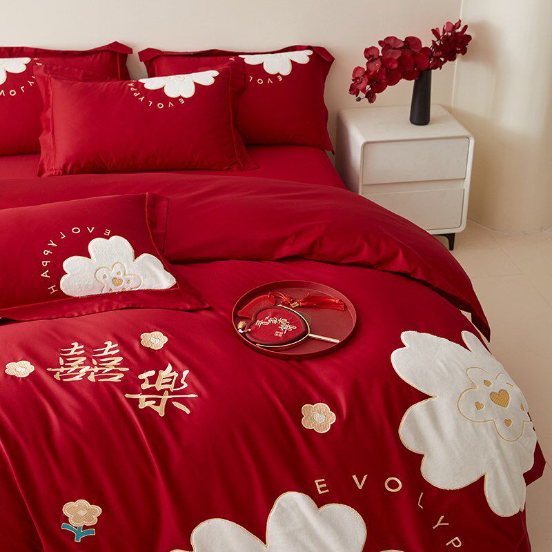 中式结婚四件套大红色新婚被套婚庆床上用品X婚房陪嫁喜被,床上用品,婚庆床品套件,淘宝优惠券,粉丝福利购,淘宝优惠卷