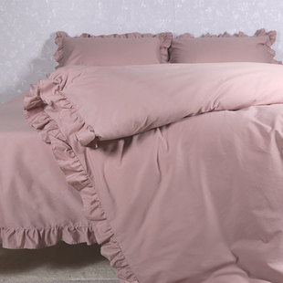 紫色四件套10k0全棉花边床品床上纯色床单被套公主风春秋季