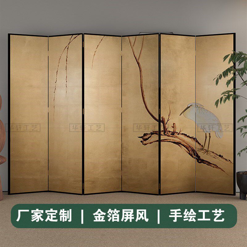 手绘中古仿古旧金箔屏风花鸟漆画茶室客厅隔断中式折X屏背景墙定