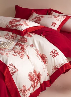 现代100d支结婚四件套婚庆红色被套新婚喜被床单床上用品4