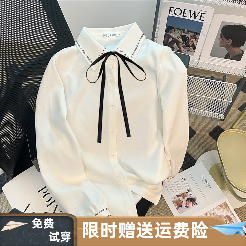 2024春秋季新品长袖p白色衬衫女加厚打底百搭系带蝴蝶结学院风衬