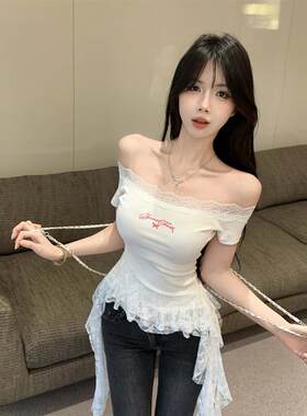 辣妹设计感一字肩蕾丝飘带印花短袖T恤夏季百搭不规则女装上衣夏