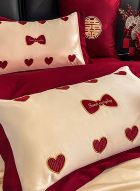 公主风结婚四件套新婚床上用品全y棉红色喜庆100支长绒棉抱枕六件