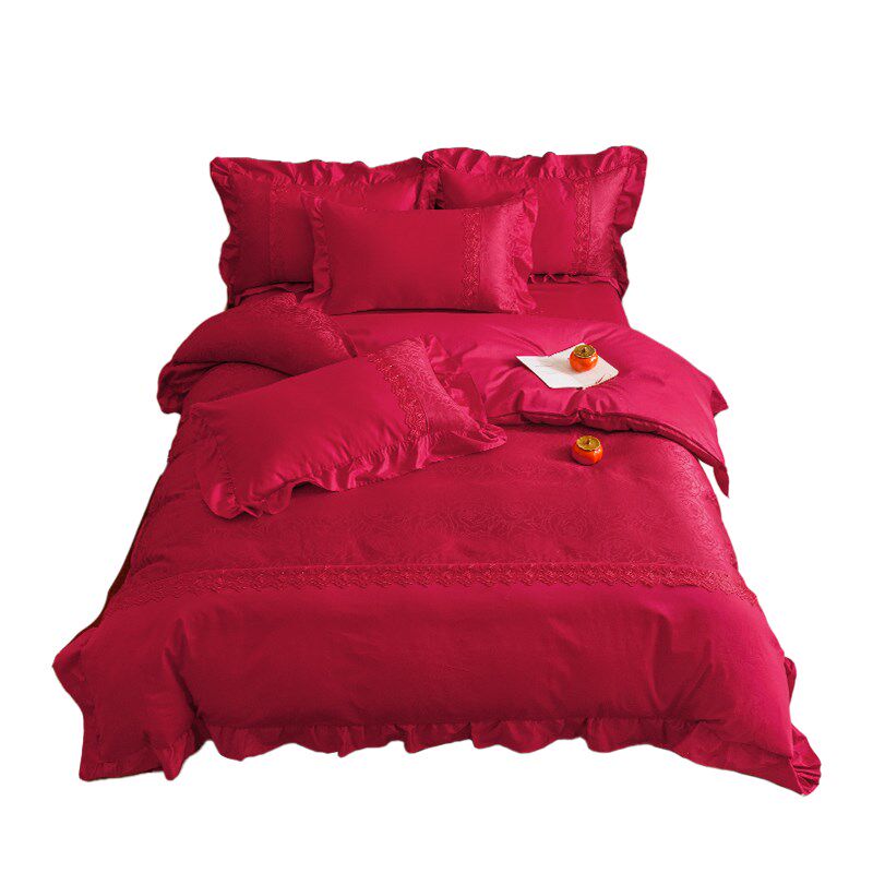 法式浪漫A类100支结婚床单四件套大红色提花被套婚.庆床上用品,床上用品,婚庆床品套件,淘宝优惠券,粉丝福利购,淘宝优惠卷