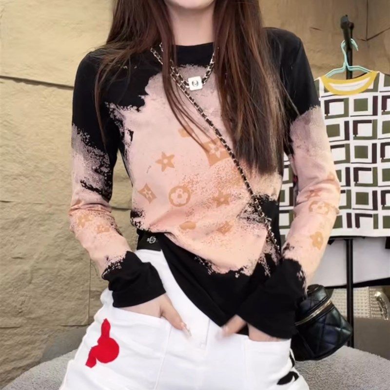 欧货2024早春新款重工印x花长袖T恤女遮肉显瘦时尚百搭打底衫,女装/女士精品,T恤,淘宝优惠券,粉丝福利购,淘宝优惠卷